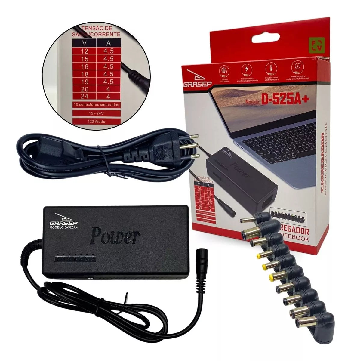 Fonte Universal para Notebook 10 Plugs Diferentes - D525