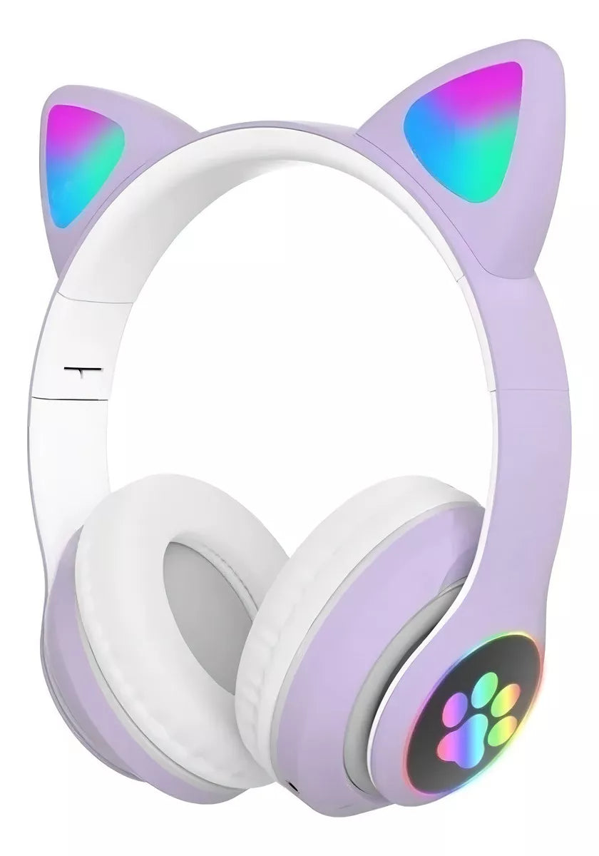 Fone De Ouvido Bluetooth Com Led Infantil Orelhinha Gato KA910 - Roxo