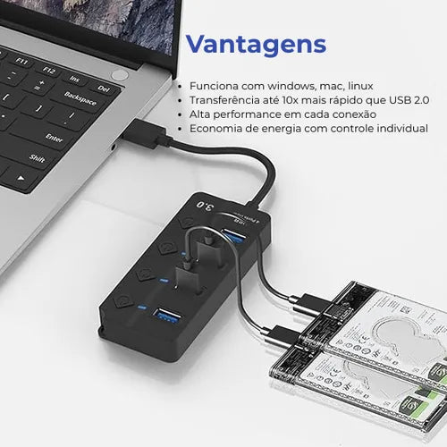 Hub USB 3.0 UH-314S 4 Portas SuperSpeed LED On/Off para PC, Notebook e Macbook