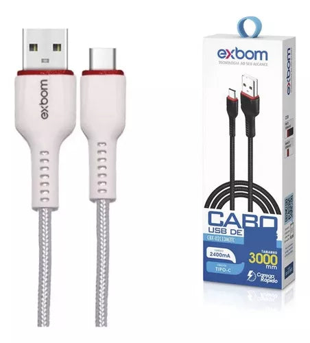 Cabo Tipo C 3 Metros Carregador Rápido Usb Reforçado Nylon - exbom