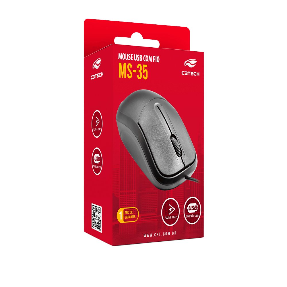 Mouse USB Óptico C3Tech MS-35BK Preto Ambidestro com 3 Botões