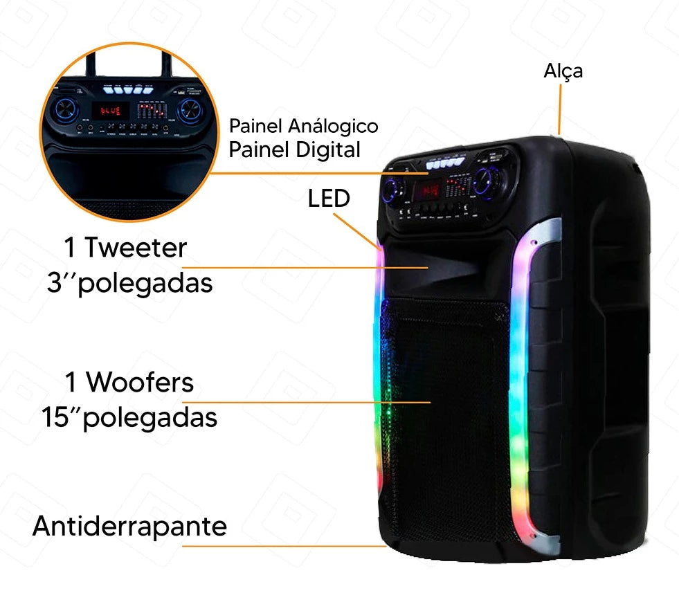 Caixa de Som Bluetooth 15" LED PowerX 1200w RMS Bivolt Sumay Sm-Cap37