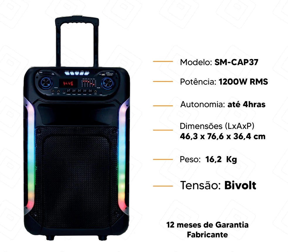Caixa de Som Bluetooth 15" LED PowerX 1200w RMS Bivolt Sumay Sm-Cap37