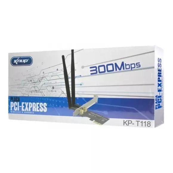 Placa De Rede Wireless Wi-Fi Pci Express Para PC, 300MB/s, 2.4GHz, 2 Antenas Removíveis, Knup - KPT118