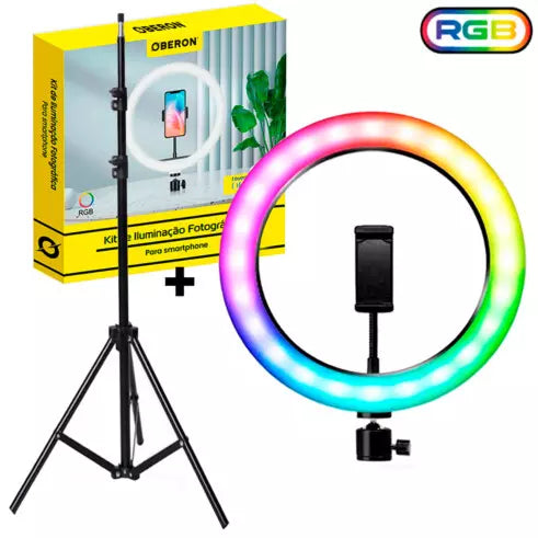 RING LIGHT P/ CELULAR 10" LED RGB 20W + TRIPÉ DE 2,10M OBERON ORPL10R