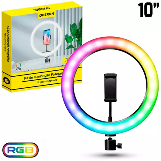 RING LIGHT P/ CELULAR 10" LED RGB 20W + TRIPÉ DE 2,10M OBERON ORPL10R