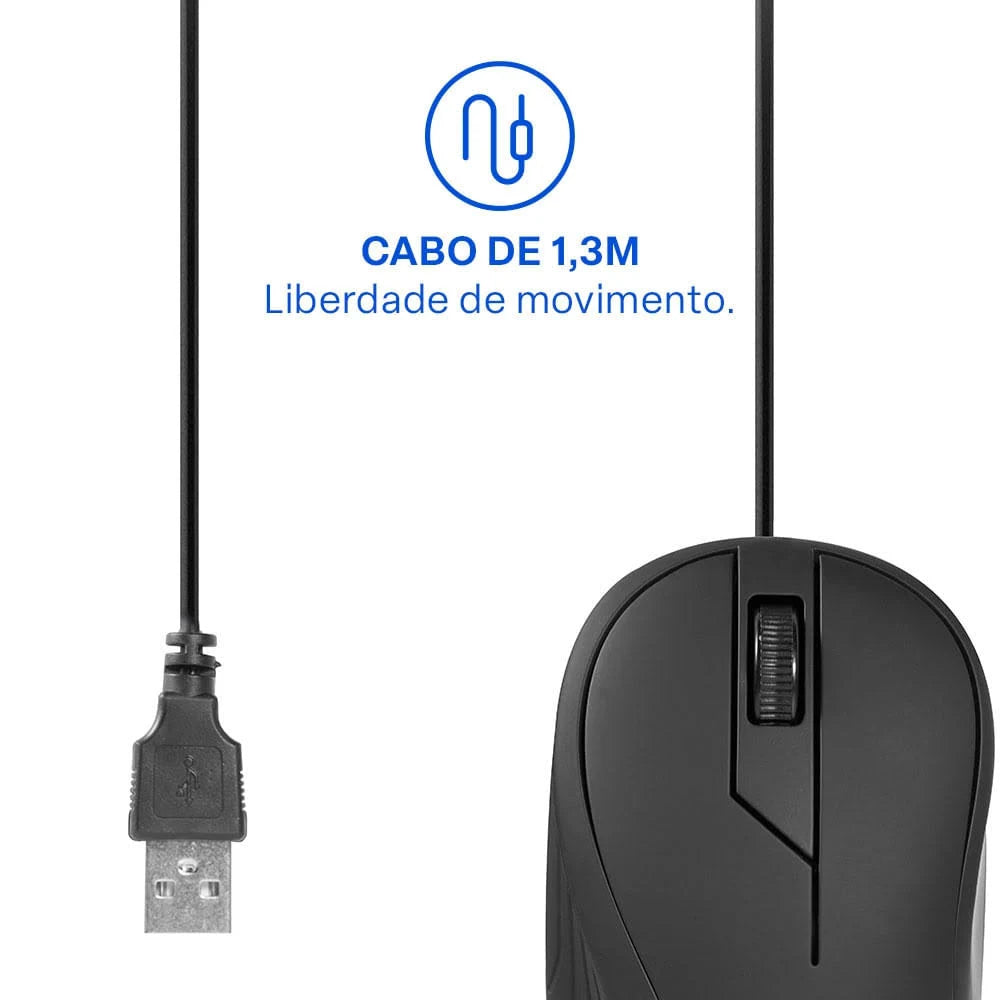 Mouse Com Fio USB Preto Emborrachado Multilaser MO222