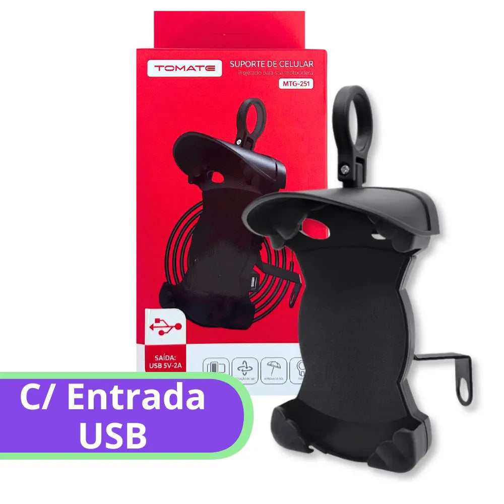 Suporte de Celular Moto c/ Carregador e Proteção Solar - Tomate - MT 251