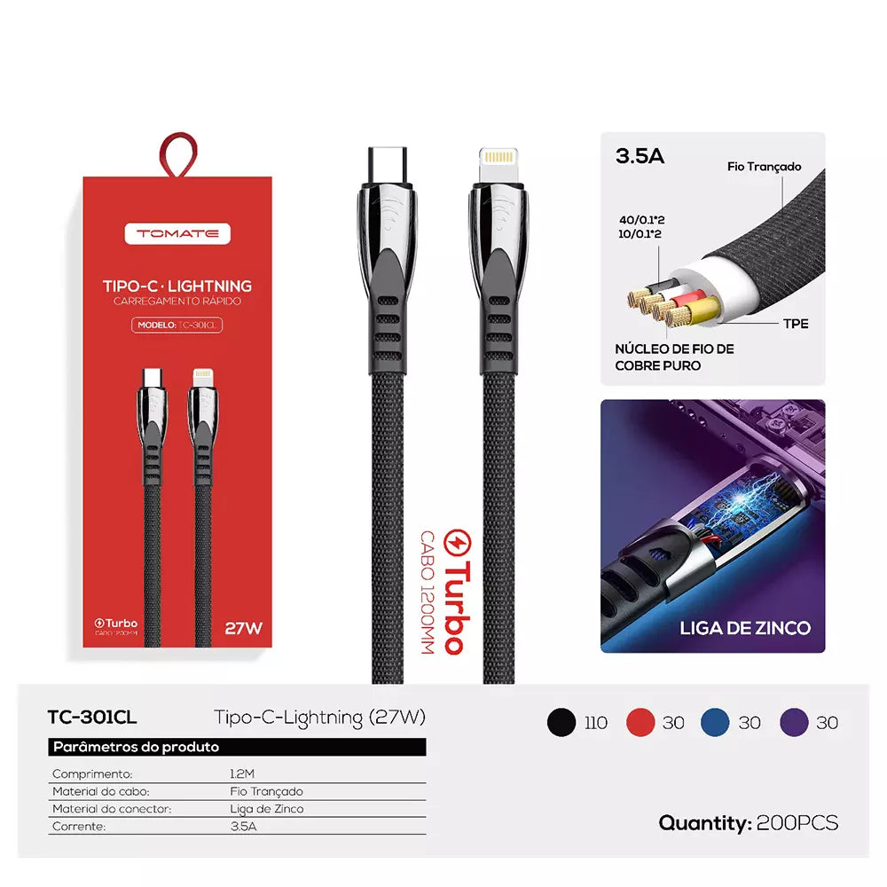 CABO IPHONE TIPO C TOMATE PONTA DE FERRO 27W 1.20CM TC301CL