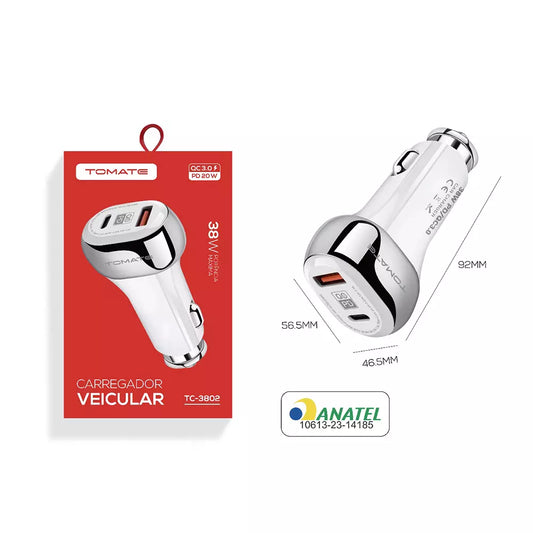 TOMADA VEICULAR TOMATE 38W USB / PD TC3802