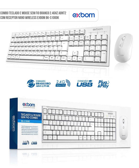 Kit Teclado + Mouse sem Fio Exbom Branco - BK-S1000K
