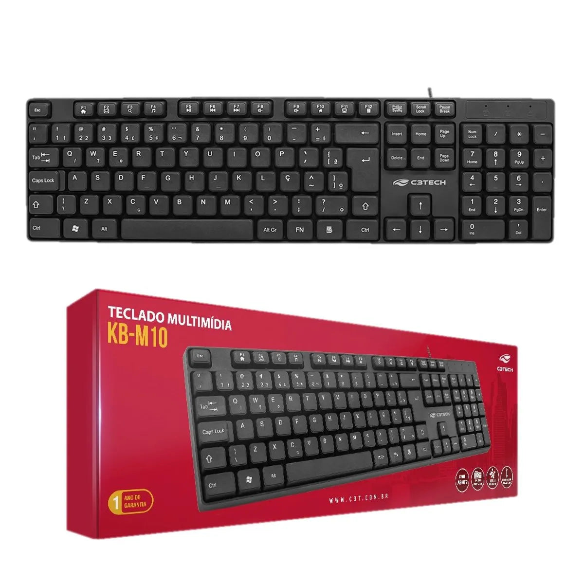 Teclado USB Multmídia KB-M10BK Preto C3Tech