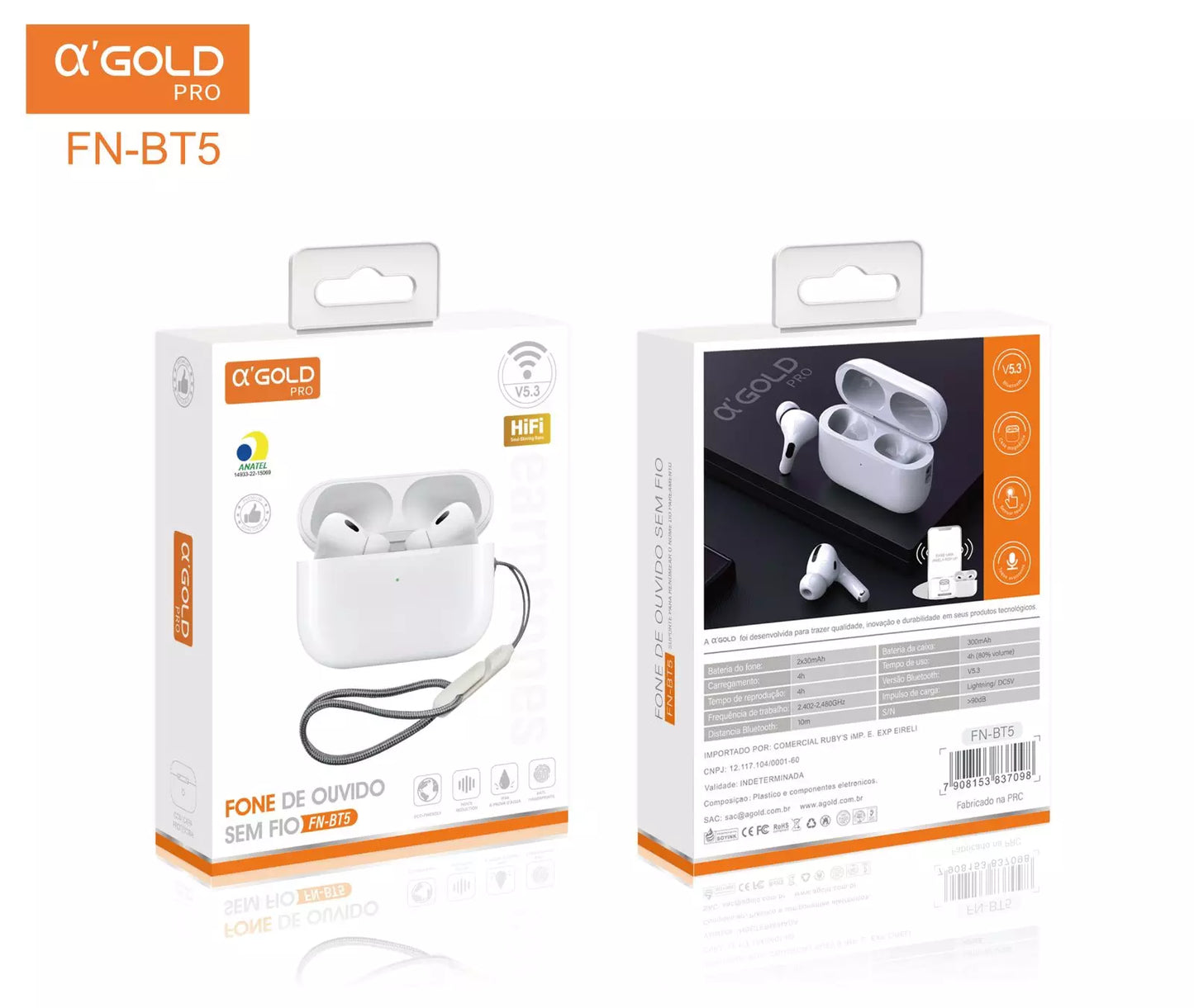 Fone Sem Fio A'gold Pro Fn-bt5 Bluetooth 5.3 Cor Branco