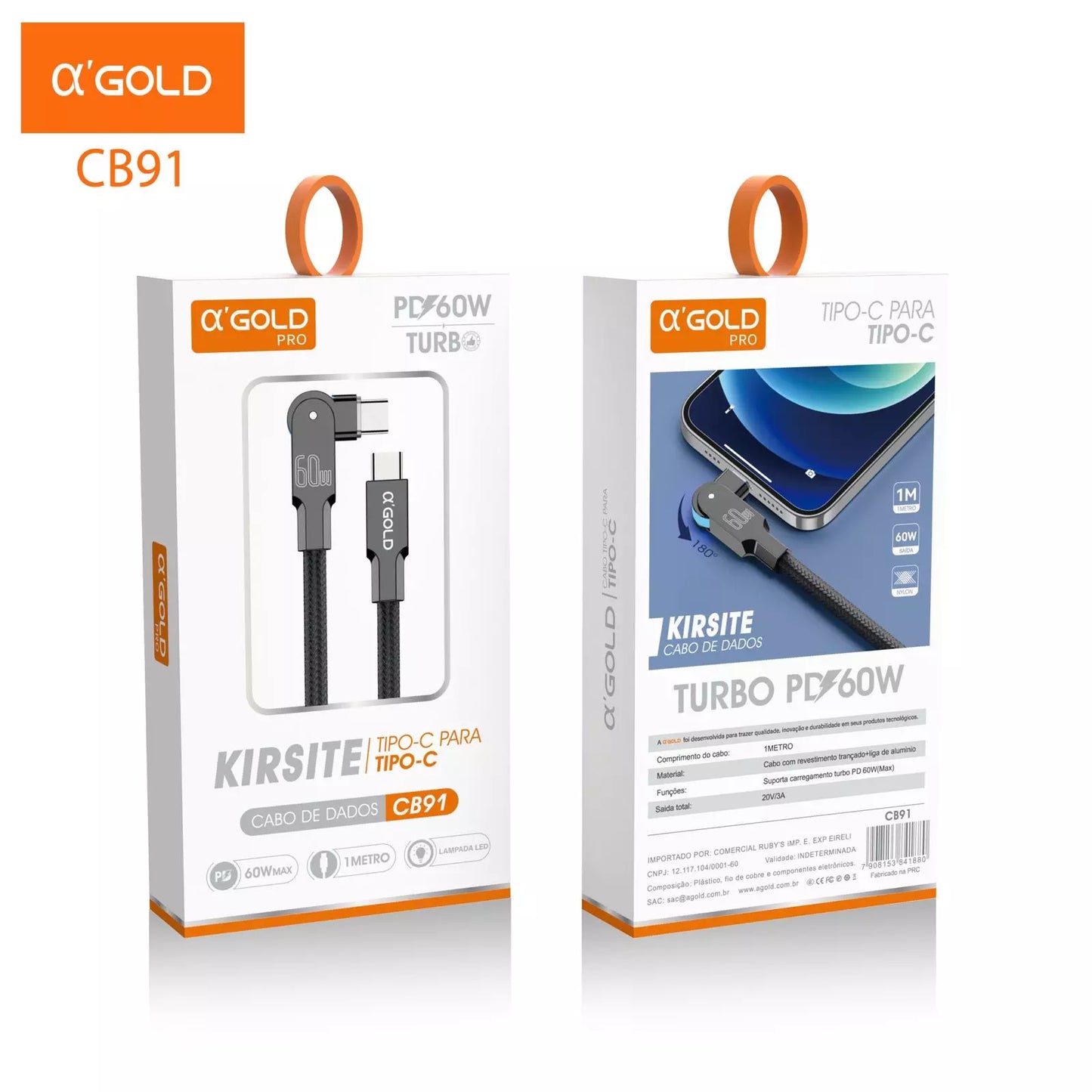 CABO TIPO C + TIPO C 180º AGOLD 60W CB91