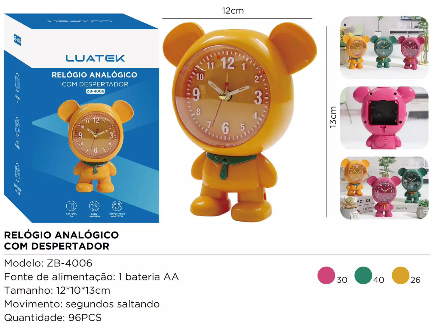 RELÓGIO ANALÓGICO COM DESPERTADOR PERSONALIZADO ZB4006