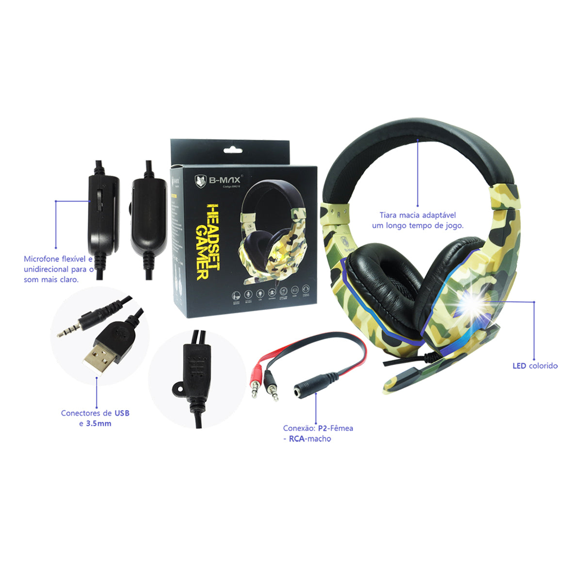 Fone de Ouvido Headset Gamer com Led (USB + P2) BM218 - B-Max