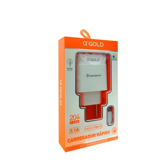 CARREGADOR RAPIDO TIPO C 20W 3.1A 1 USB GOLD CA15 CA15-3 TC
