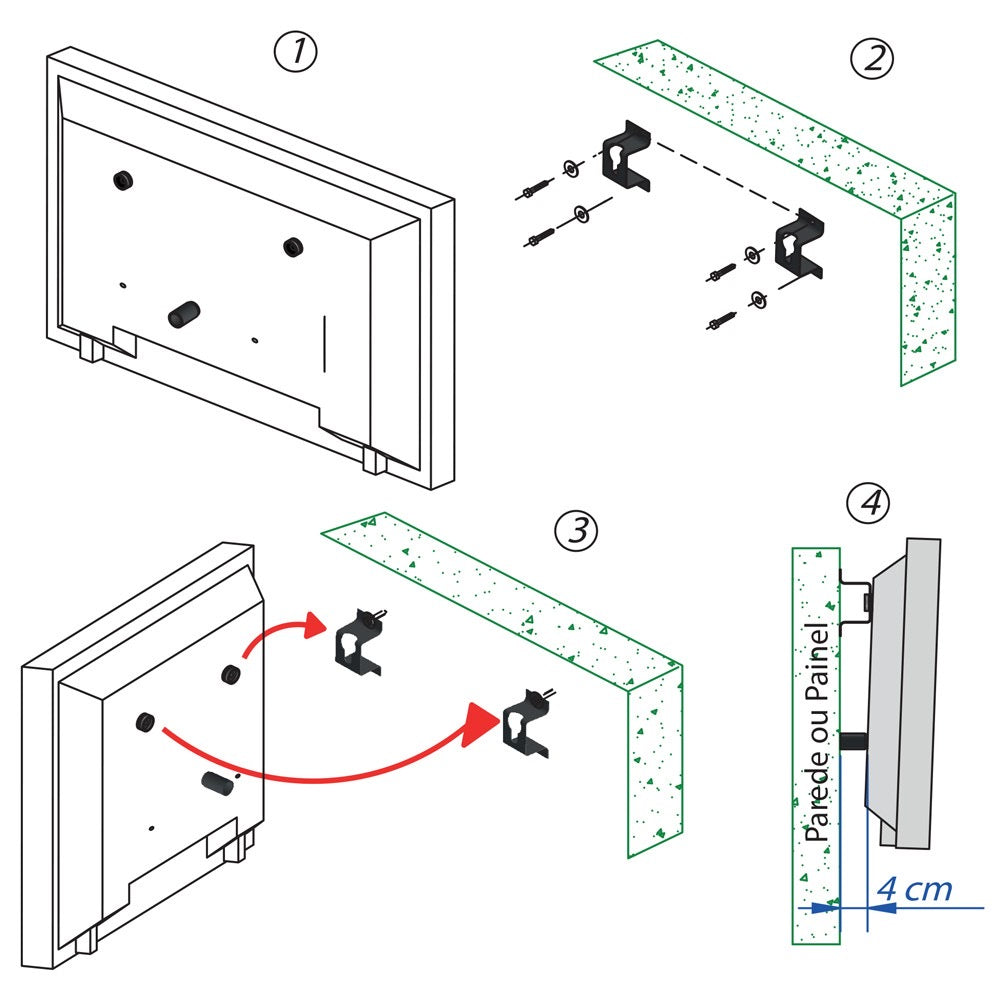 Suporte fixo p/ Tv de 10” a 100” pol. c/ kit de instalação completo para parede ou painel