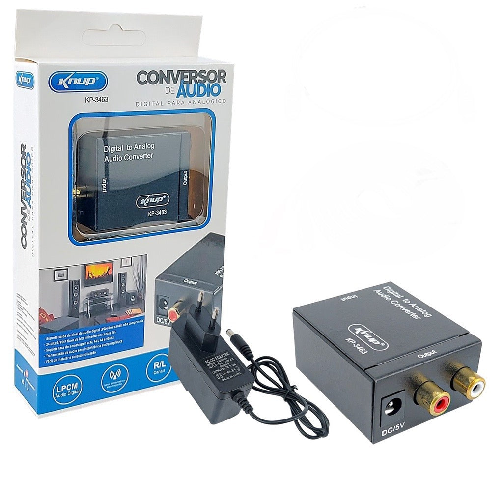 Conversor de Áudio Digital para Analógico Ótica e Coaxial para RCA KNUP - KP-3463