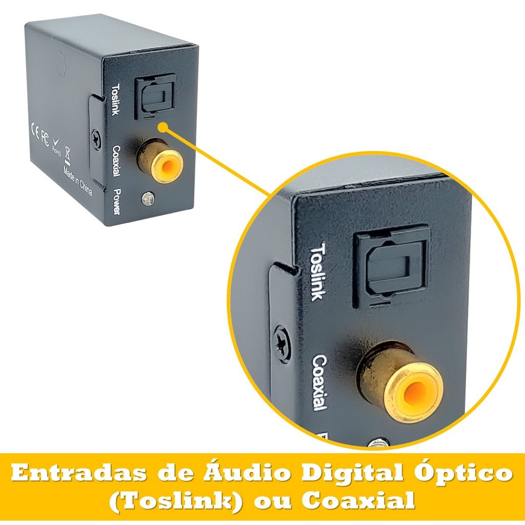 Conversor de Áudio Digital para Analógico Ótica e Coaxial para RCA KNUP - KP-3463