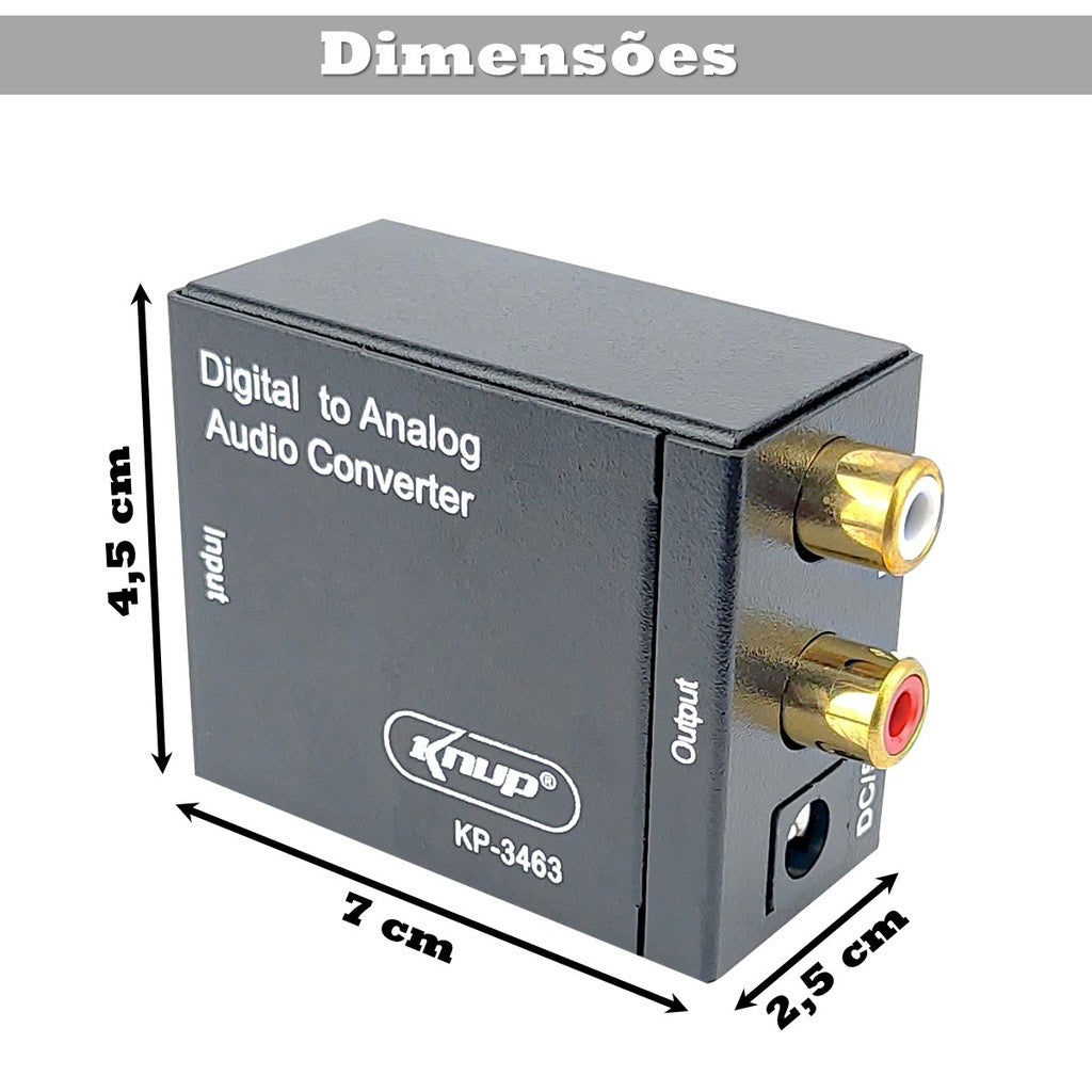 Conversor de Áudio Digital para Analógico Ótica e Coaxial para RCA KNUP - KP-3463