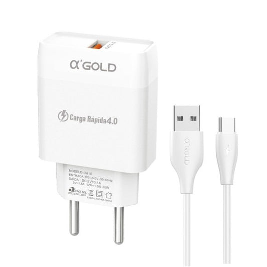 CARREGADOR RAPIDO TIPO C 20W 3.1A 1 USB GOLD CA15 CA15-3 TC