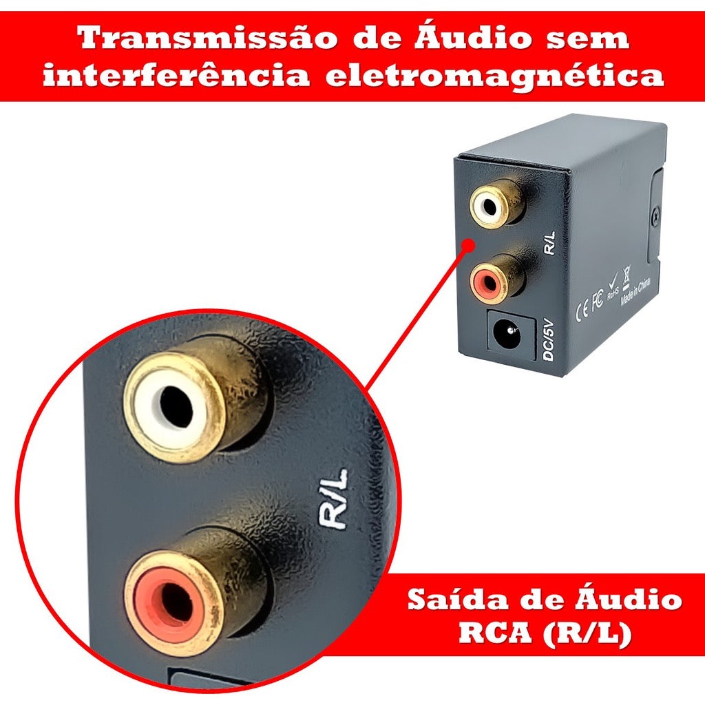 Conversor de Áudio Digital para Analógico Ótica e Coaxial para RCA KNUP - KP-3463